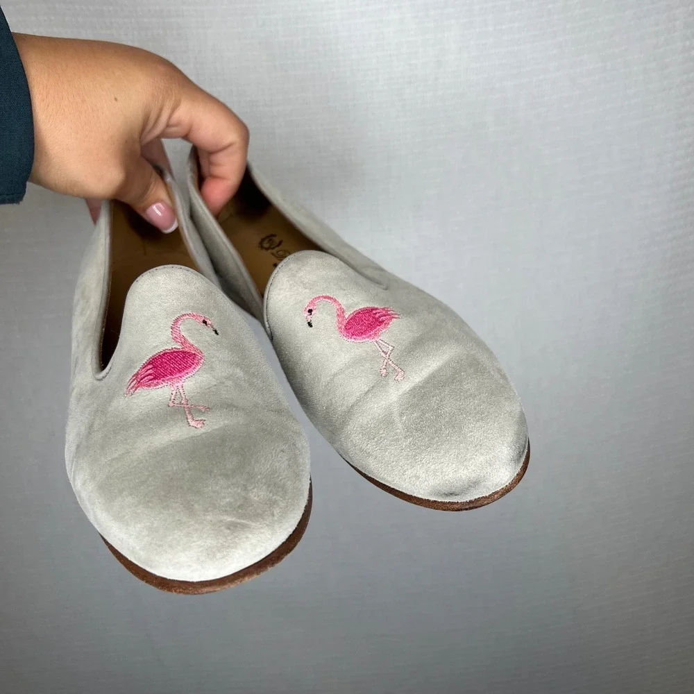 Del Toro Women's‎ Size 7 Gray Suede Flamingo Embroidered Loafers Flats Shoes